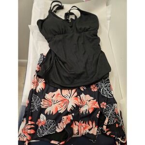 NWOT Black Floral Tankini Swimsuit Women's Size M Ruched Top High Waisted Shorts